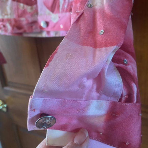 Pink Rose Pearl Beaded Denim Jacket Y2K Floral Bling Glam - Picture 7 of 15